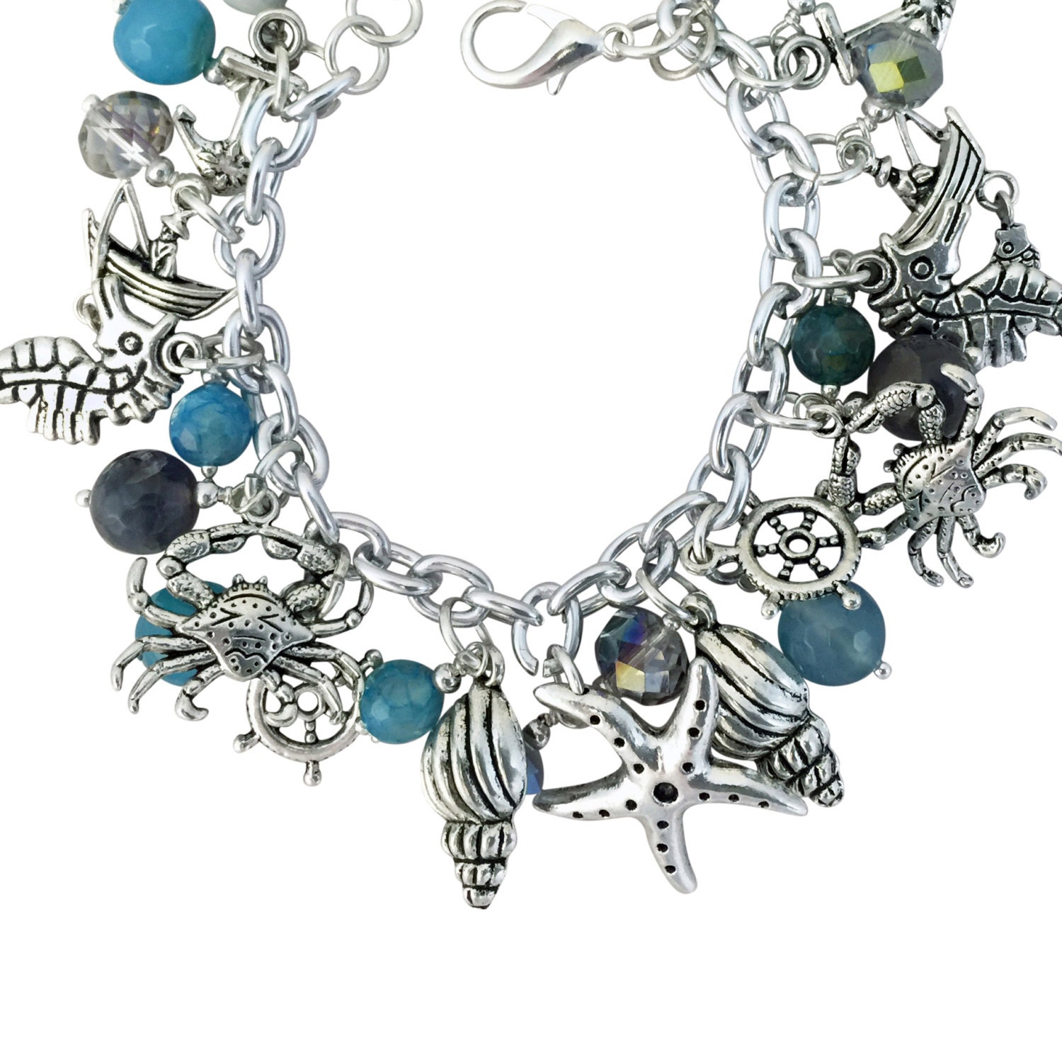 Sea Life Jewelry Silver Charm Bracelet 7.5 Inch with Anchor