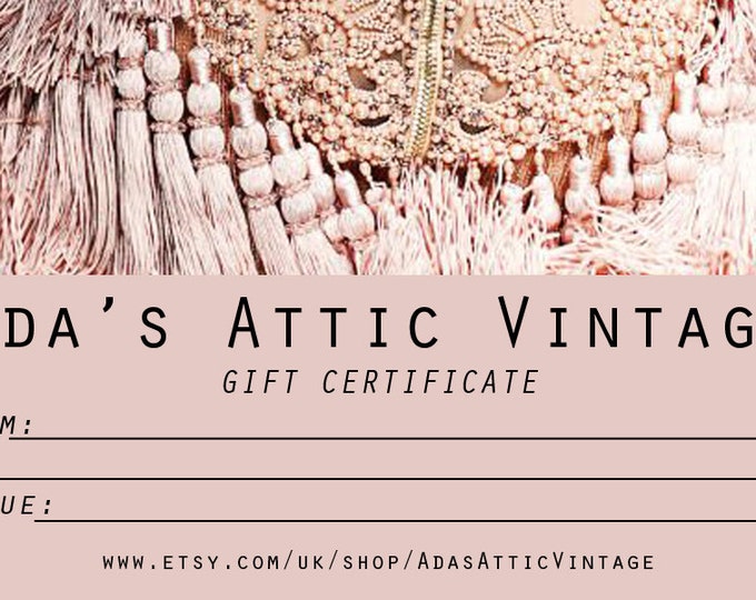CUSTOMISABLE AMOUNT, Ada's Attic Vintage Gift Certificate, Vintage Clothing Fun Fashion Tumblr Gift Card, 1920s Flapper Dress, Birthday Gift