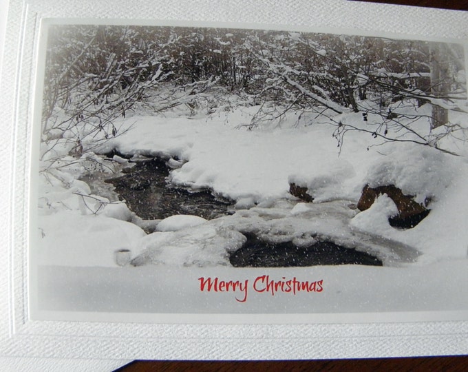 WINTER CHRISTMAS CARD, Handmade Photo Stationary, Digital Red Text, Embossed Card Stock, Coordinating Envelope