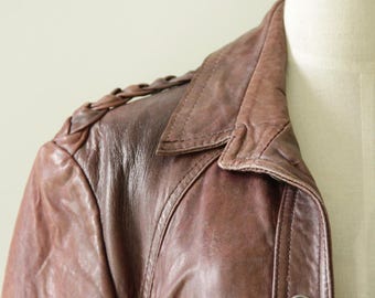 60s Brown leather jacket. Biker jacket. Leather hippy jacket. Button up leather jacket. leather bomber jacket. Cognac Motorcycle jacket