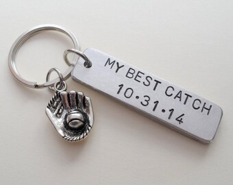 Anniversary Keychain, Baseball Mitt Keychain, Couples Keychain, Customized Keychain, Personalized, Husband Wife, Boyfriend Girlfriend, GPS