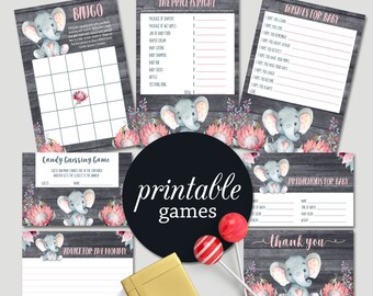 Elephant Baby Shower Games Package, Girl Baby Shower Games Printable Safari Baby Shower Games Pack, Printable Baby Shower Games Jungle