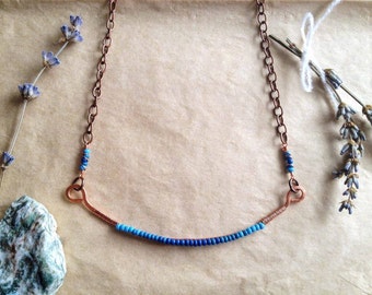 Aquarius // Turquoise Ombre Beaded Necklace, Hammered Copper Necklace, Hand Forged Copper Necklace, Ombre Jewelry, Ombre, Bar Necklace