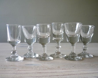 Set of 6 antique shot glasses, mismatched liquor glasses, vintage barware, 1900 shot glass