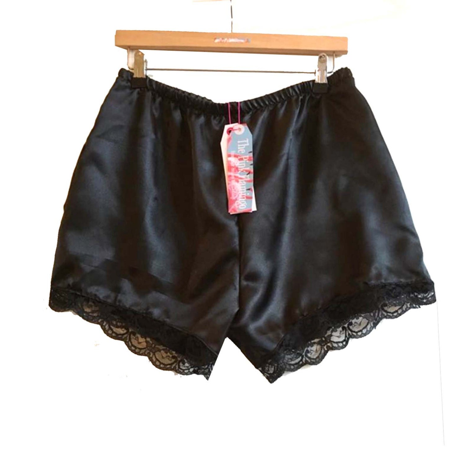 Black Satin Shorts with Floral Lace Trim