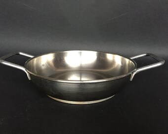 80's italian stainless steel inox egg pan with handles, cooking frying dish, made in Italy, dish for two, silver modern design kitchen