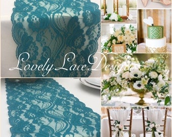TEAL/GREEN Lace Table Runner, 3ft to10ft long x 7"wide/ Wedding Decor/Peacock weddings/ overlay/teal Weddings/centerpiece/Fall weddings