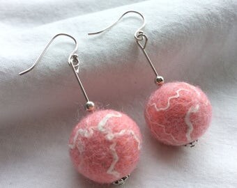 Coral Pink Earrings, Simple Felt Earrings, Pink Pom Pom Earrings, Ball Drop Earrings, Sterling Silver, Wool Felt Jewelry