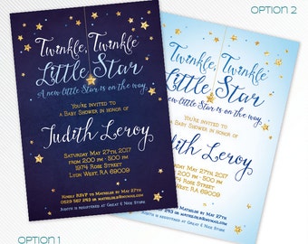 Navy blue, sky and gold glitter Twinkle, twinkle, little star baby shower printable invitation, digital invitation