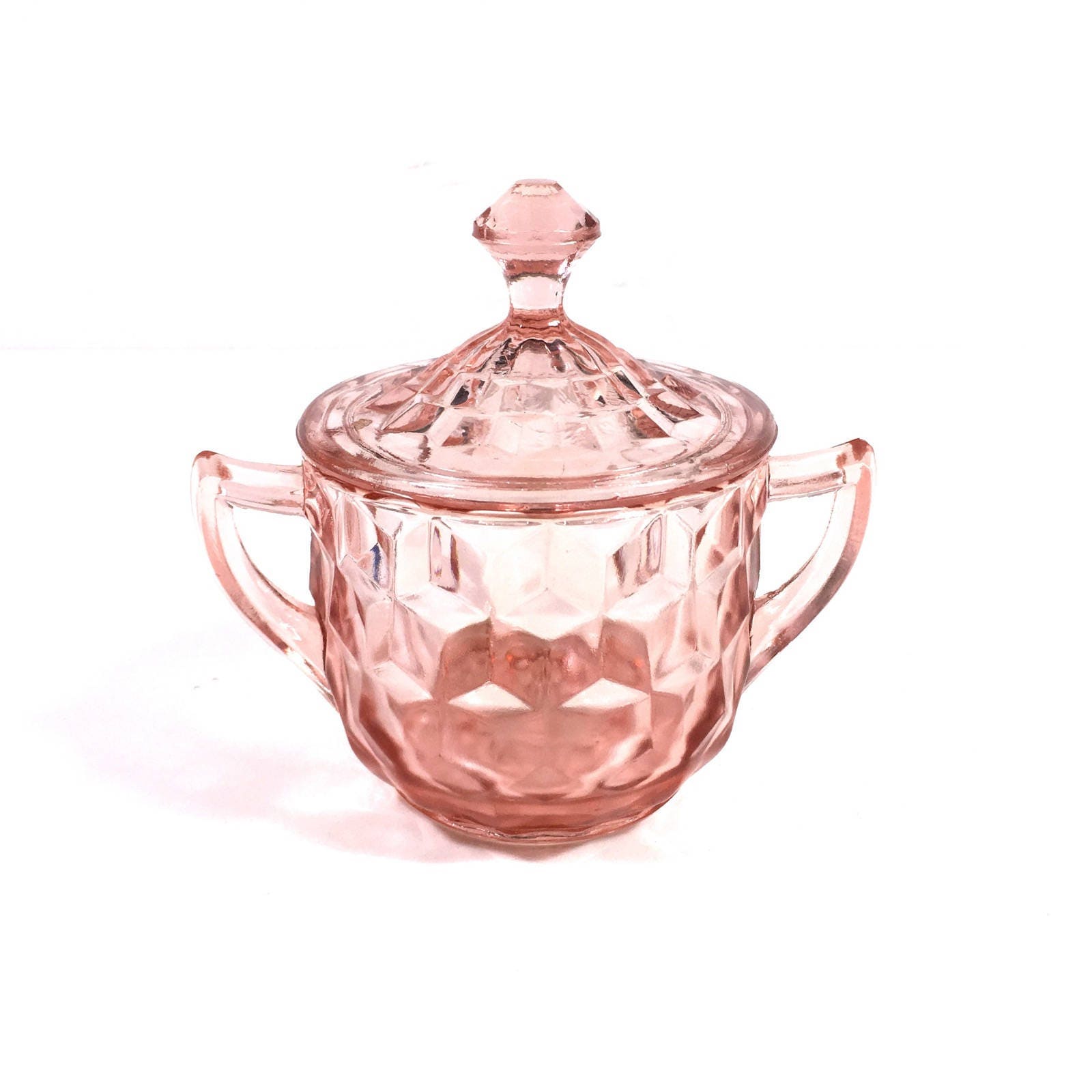 Vintage 'Cube' Pink Glass Sugar Bowl with Lid by
