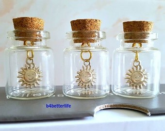 Lot Of 3pcs Gold Color "Sun" Metal Charm In A Mini Glass Bottle With Cork. #CIB187XX.