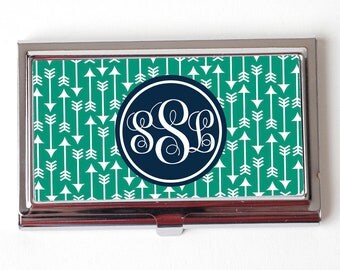 business card holder - fancy monogram geometric seamist navy