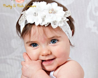 White baby headband, Christening headband, bridal headband, Baptism headband, flower girl headband, crystal headband, rhinestone headband.