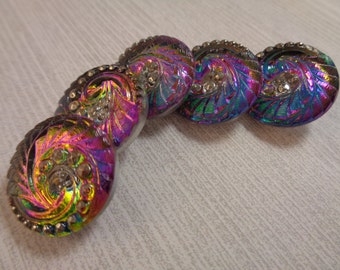 1 Bright Purple Green Blue Gold Czech Glass Button 18mm Round Metal Loop Gold Button Purple Blue Pink Green Metallic Czech Glass Button