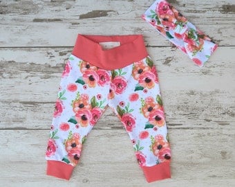 Sale Newborn Coral Pink Floral Baby Leggings Only - One Left!