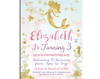 Mermaid Invitation Birthday Invitation for girls Little Mermaid birthday party Invitation Aqua pink and gold 1st 2nd 3rd 4th birthday invite