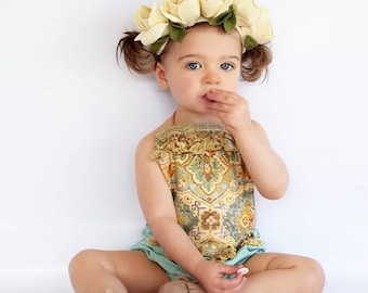 Baby Romper Baby Girl Clothing Teal Romper Playsuit Birthday Girl Beach romper Boho Romper Jumper Newborn Toddler Boho Baby Shower Bohemian