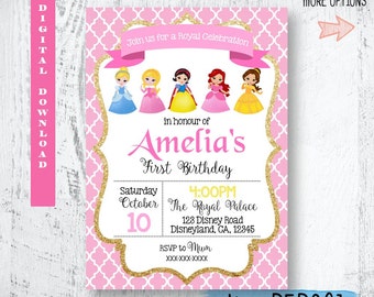 Disney Princess Invitation. Disney Princesses Birthday Invitation. Gold Glitter Disney Princess Invitation. Glitter Disney Princess Invites