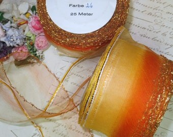 1y FRENCH ORGANZA OMBRE Orange Ribbon Gold Metal Lettuce Edge Ribbonwork Trim Flower Cocarde Organdy Silk Wedding Millinery Hat Rose Rosette