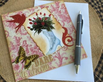 Handmade Victorian Red Toile Lace Tie Up Boot Red Roses Greeting Card, OOAK Greeting Card Vintage Lace Up Boot Victorian Red Toile Boot