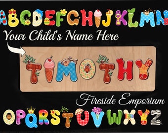 Jumbo Wooden Childs Name Puzzle with Whimsical Alphabet and Engraved Back