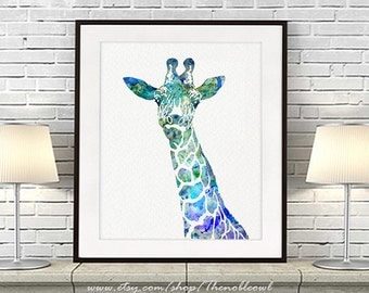 Blue Giraffe Watercolor Painting, Animal Art, Watercolor Print, Children's Wall Decor, Kids art Print, Kids Room Decor - 127