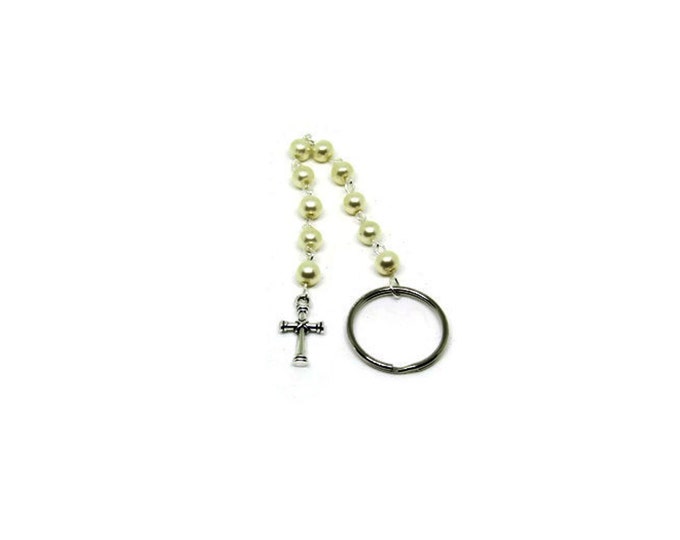 Handmade Pearl One Decade Pocket Rosary, Religious Key Chain, Wedding Favors, Bridesmaids Gift, Wedding Keepsake