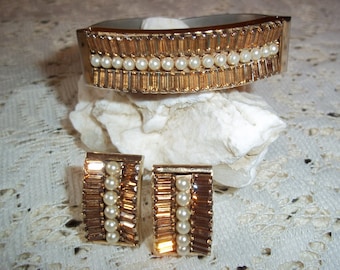 Vintage LERU Demi Parure Hinged Bracelet and Earrings with Topaz Baguettes and Faux Pearls Designer Costume Jewelry Set Hollywood Regency