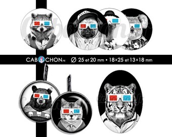 Lunettes 3D 60 Images Digitales RONDES 25 et 20 mm OVALES 18x25 13x18 mm chat chien tigrte glasses cabochon bijoux animal raton laveur cat