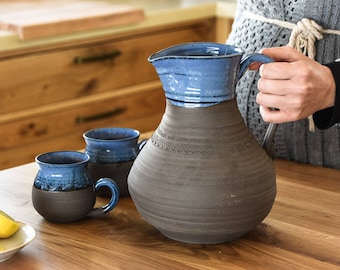 Blue stoneware pitcher, ceramic pitcher, functional pitcher, water pitcher, milk pitcher, pitcher with handle, israel shop farmhouse kitchen