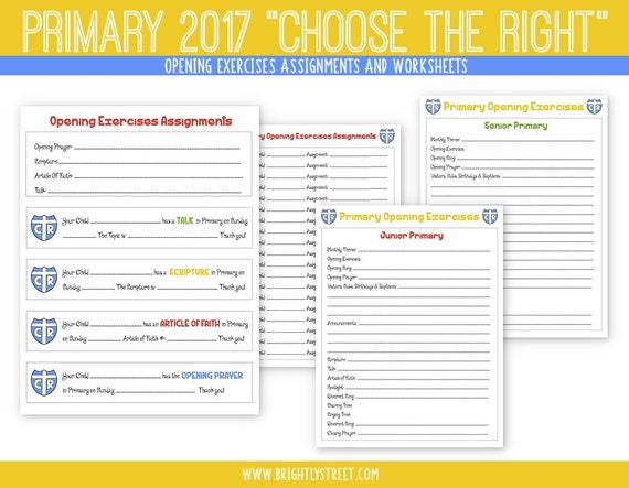 LDS Primary Choose the Right 2017 OPENING EXERCISES Worksheet and Assignments