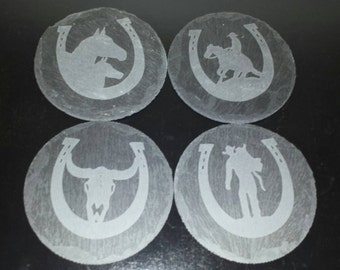 Etched Black Slate Cowboy Coasters