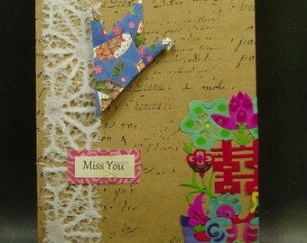 Miss You Card/ Origami Crane and Rice Paper Cutout Card/ Hand Made Greeting Card/ Peace Love