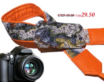 Bright orange World Map Camera Strap. DSLR / SLR Camera Strap with pocket. Photographer gift. Europe. Asia. America.