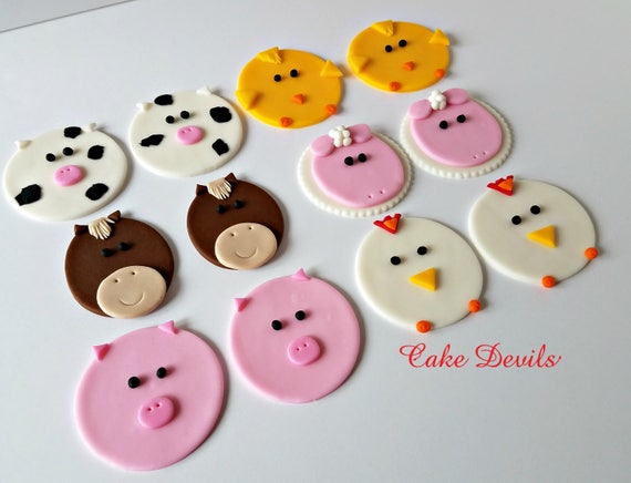Farm Animal Cupcake Toppers, Horse, Pig, Sheep, Cow, Chicken, Duck, Handmade Edible Barn Animals, Farm Animal Cupcake Decorations, Fondant Il_570xn