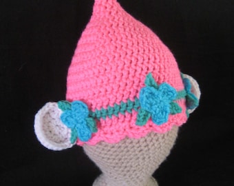 Crochet PATTERN for Pink Poppy Flower Troll Hat; Crochet Troll Hat; Pink Troll Hat Pattern; 4 sizes - Baby to Adult; PDF download file