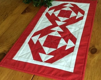 Red Geometric Quilted Table Runner or Wall Hanging Handmade Polka Dot Patchwork Table Topper or Candle Mat