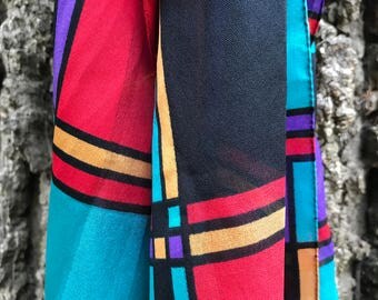 80's Vintage Geometric Scarf, 1980's Color Block Scarf
