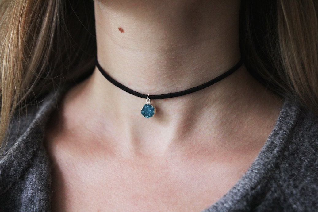 Turquoise Aqua Blue Druzy // Black Suede Cord Choker // Small