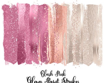 Blush Pink Glam Paint Strokes Clipart, watercolor pink and ivory pearl glitter, brush stroke clip art, shimmering sparkle png overlays