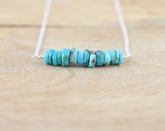 Sleeping Beauty Turquoise Bar Necklace in Sterling Silver, Gold or Rose Gold Filled. Heishi Bead Gemstone Layering Necklace. Boho Jewelry