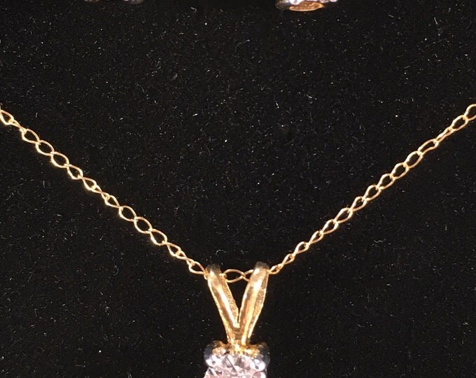 Storewide 25% Off SALE Vintage 10k Gold Diamond Necklace & Earring Matching Set Featuring White And Yellow Gold Finish.
