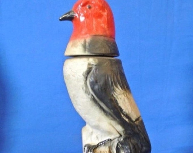 Storewide 25% Off SALE Vintage Original Jim Beam Liquor Decanter Featuring Red Headed Trophy Bird Perched Atop Tree Stump