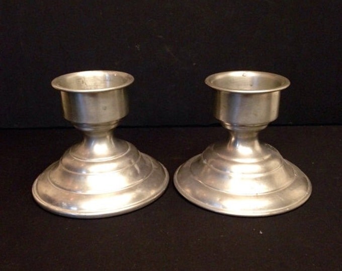 Storewide 25% Off SALE Vintage Large Matching Americana Pewter Tabletop Candle Holders Featuring Eagle Monogram With Early American Designs