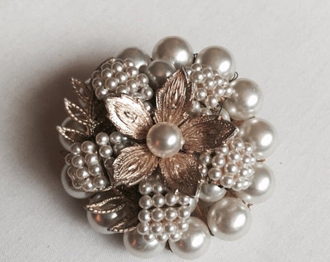 Storewide 25% Off SALE Vintage Silver & Gold Tone Floral Creamy Pearl Beaded Designer Brooch Pin Featuring Multilayered Design