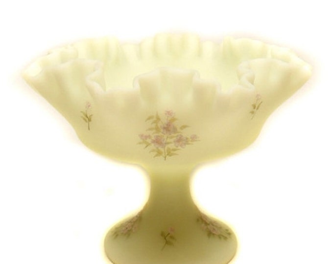 Storewide 25% Off SALE Vintage Original J.K. Kisner Hand Painted Fenton Yellow Lemon Custard Compote Featuring Elegant Frosted Ruffle Design