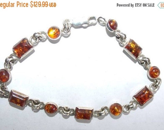 Storewide 25% Off SALE Vintage Sterling Silver Sectional Designer Bracelet Featuring Lovely Alternating Amber Cabochons & Sterling Silver