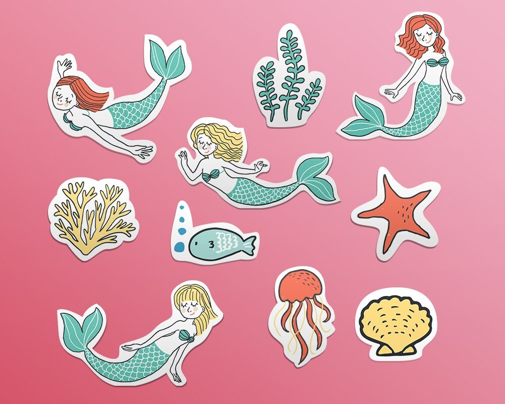 Mermaid Underwater Sticker Set 10 Waterproof Vinyl Stickers