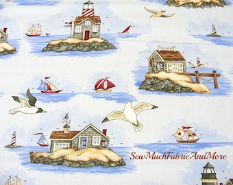 Safe Harbor nautical Fabric~By the yard~Lighthouses~seascape~sailboats~blue~cotton~ocean~beach cottages~Clothworks