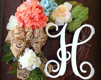Spring door wreath, Summer wreath, Easter wreath, Mother's day wreath, burlap wreath, hydrangea wreath, country wreath, Front door wreath